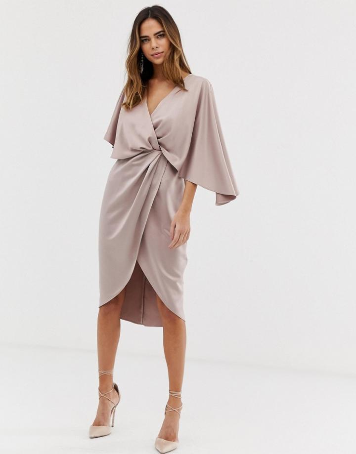 Asos Design Satin Kimono Midi Dress With Knot Front And Asymmetric Sleeve-pink