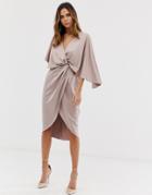 Asos Design Satin Kimono Midi Dress With Knot Front And Asymmetric Sleeve-pink
