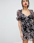 Lost Ink Floral Shift Dress In Organza With Balloon Sleeves - Black