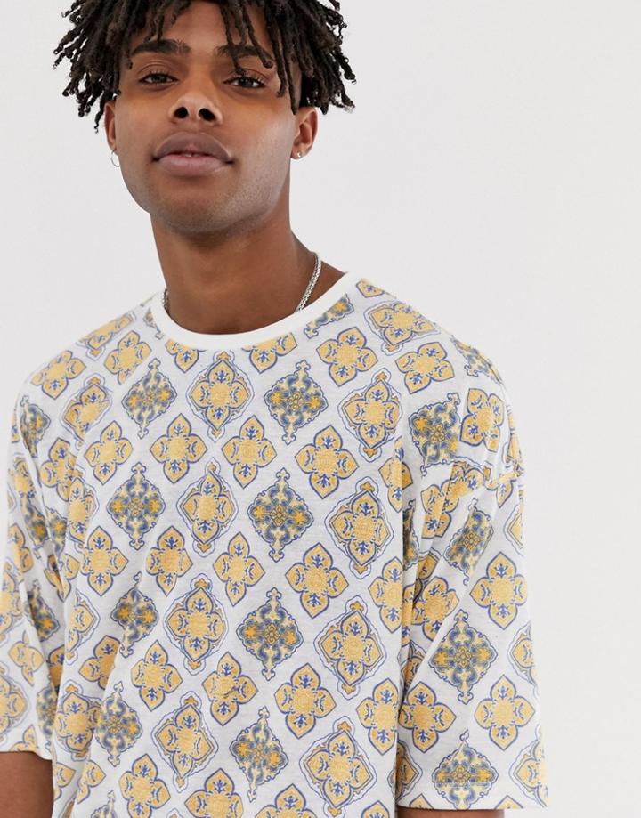 Asos Design Oversized T-shirt With All Over Tile Print In Linen Mix-white
