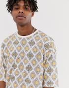 Asos Design Oversized T-shirt With All Over Tile Print In Linen Mix-white