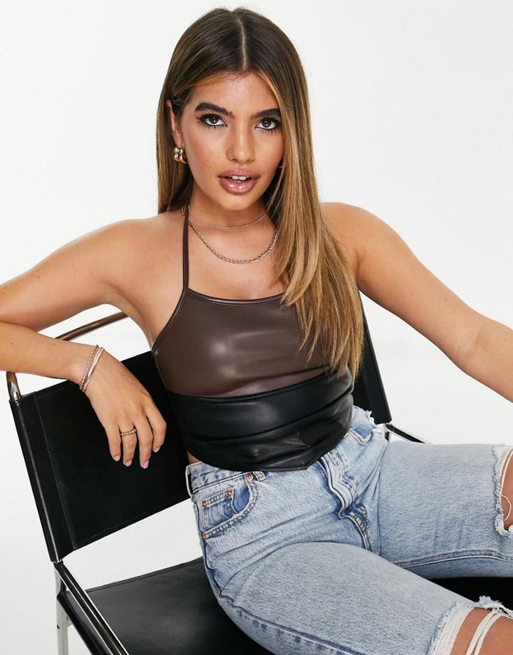 Motel Halter Neck Crop Top In Contrast Pu-brown