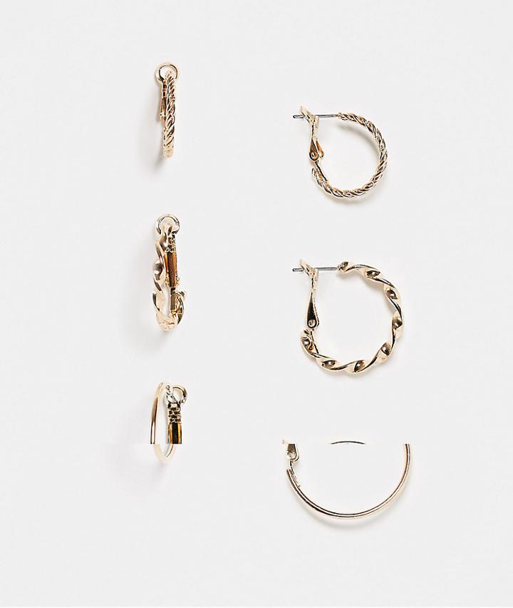 Monki Florette 3 Pack Textured Hoop Earrings In Gold