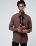 Asos Regular Fit Shirt In Brown Viscose With Piping Detail And Detacha