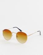 Asos Design Round Sunglasses In Copper With Brown Grad Lens-gold