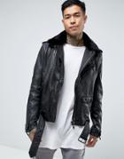 Avior Leather Biker Jacket With Shearling Collar - Black