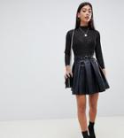 Asos Design Petite Full Skater Leather Look Mini Skirt With Self Belt - Black