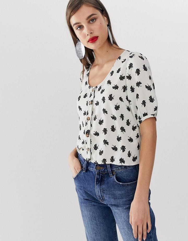 Vero Moda Floral Volume Sleeeve Button Through Blouse-white