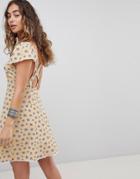 Kiss The Sky Cross Back Button Front Tea Dress In Ditsy Floral - Yellow