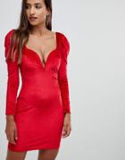 Boohoo Shoulder Plunge Velvet Bodycon Dress - Red