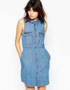 Asos Denim Sleeveless Waisted Shirt Dress In Retro Blue Wash - Mid Stonewash