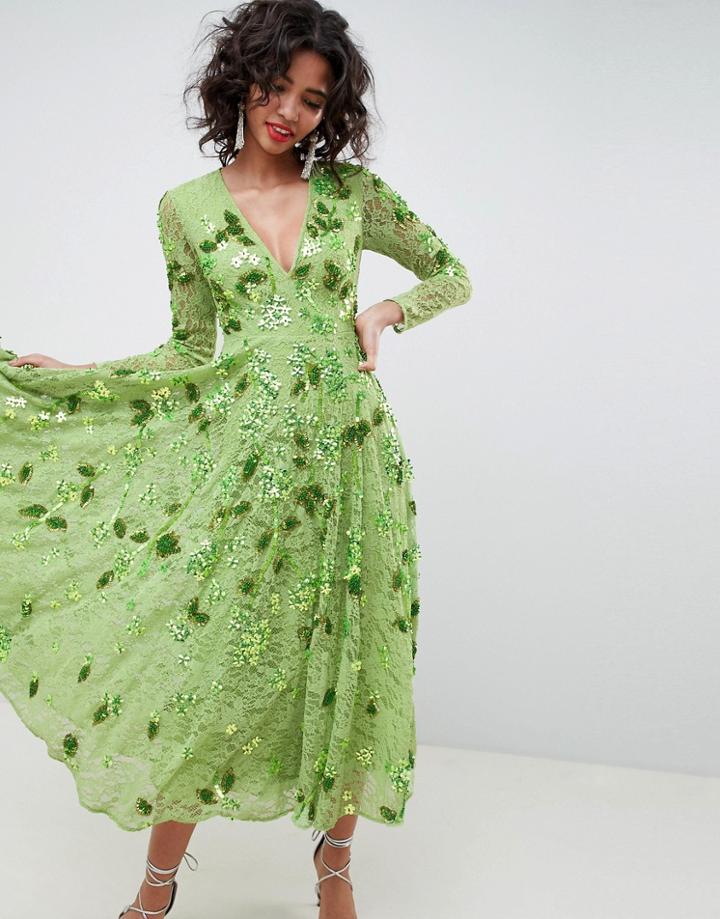 Asos Edition Embellished V Neck Midi Dress - Green