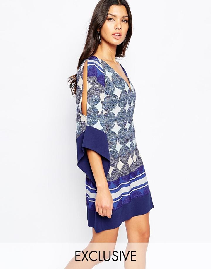 Liquorish Printed V Neck Shift Dress With Open Shoulder - Multi