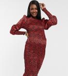 Asos Design Maternity Shirred Midi Tea Dress With Puff Sleeves And Shirred Cuff In Red Leopard Print-multi