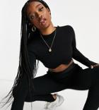 Asyou High Neck Knit Matching Crop Top In Black