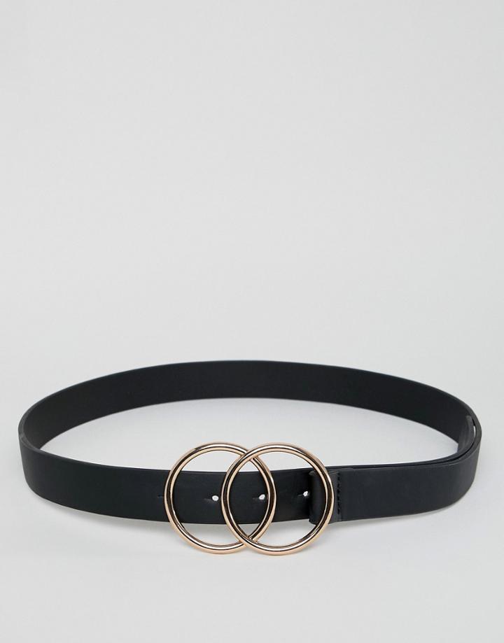 Asos Design Faux Leather Slim Belt With Double Circle Buckle-black