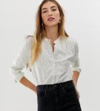Warehouse Collarless Shirt With Letter Print In White - Multi