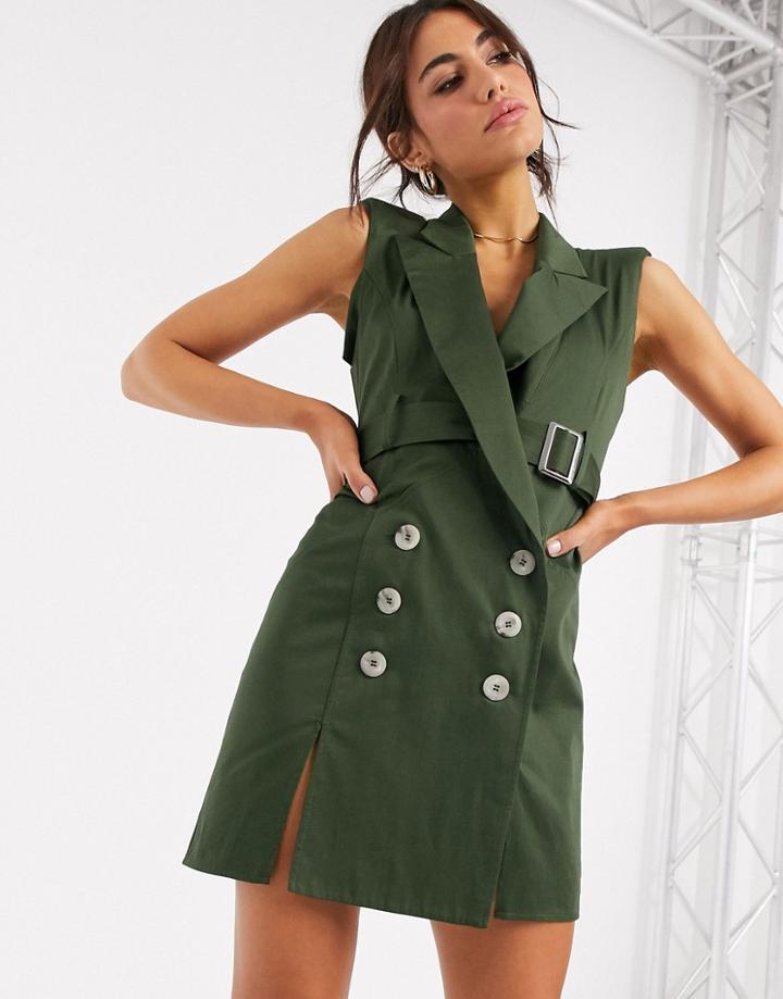 Asos Design Belt Back Sleevless Tux Mini Dress With Topstitch Detail-green