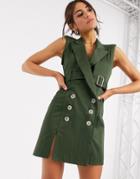 Asos Design Belt Back Sleevless Tux Mini Dress With Topstitch Detail-green