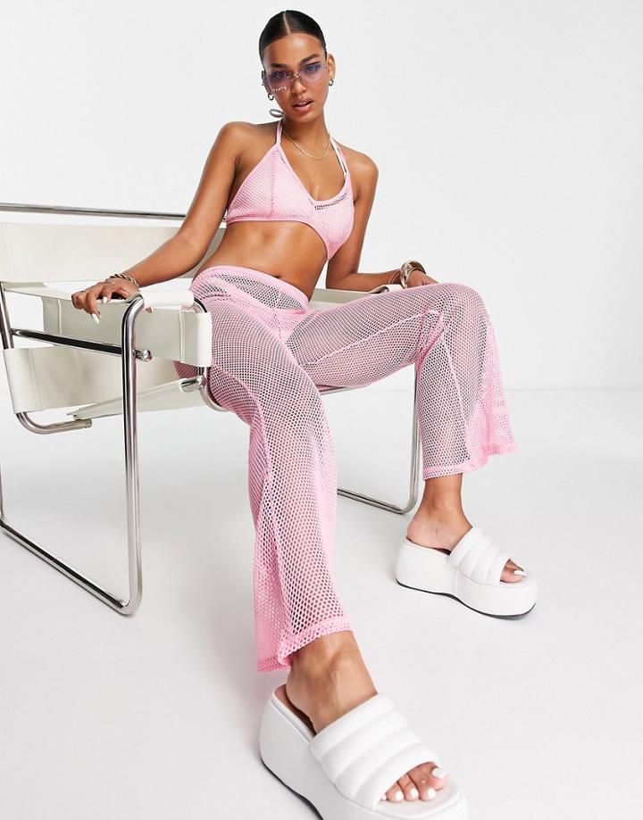 Asos Design Open Knit Beach Flare Trouser In Pink - Part Of A Set