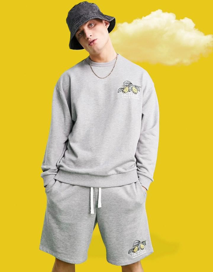 Asos Actual Oversized Sweatshirt With Lemon Chest Print In Heather Gray-grey