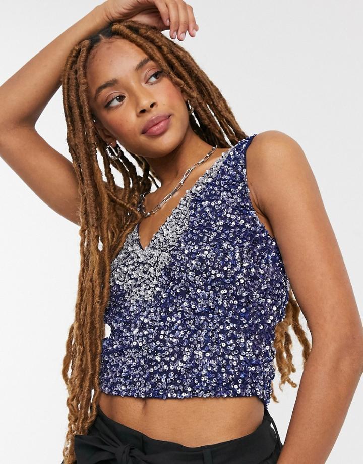 Lace & Beads Embellished Crop Top In Navy