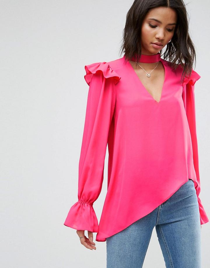 Asos Choker Detail Asymmetric Ruffle Blouse - Pink