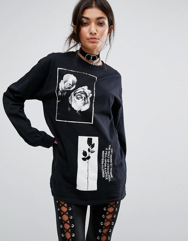 Bones Oversized Long Sleeve T-shirt With Romantic Rose Print - Black