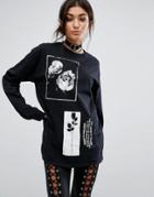 Bones Oversized Long Sleeve T-shirt With Romantic Rose Print - Black