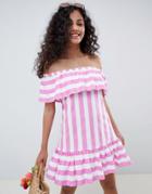 Asos Design Off Shoulder Sundress With Ruffle Hem In Deckchair Stripe-multi
