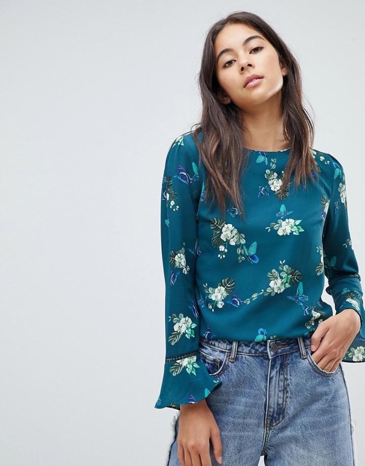 Oasis Butterfly Print Fluted Sleeve Top - Multi