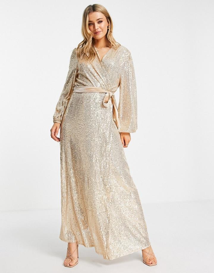 Style Cheat Duster Wrap Maxi Dress In Champagne Sequin-silver