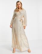 Style Cheat Duster Wrap Maxi Dress In Champagne Sequin-silver
