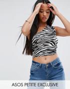 Asos Petite One Shoulder Bow Back Top In Zebra Print - Multi