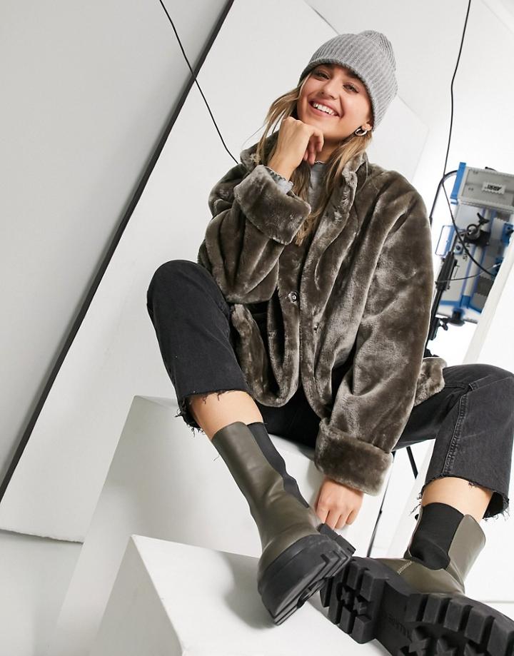Asos Design Luxe Faux Fur Coat With Cuff Details In Gray-grey