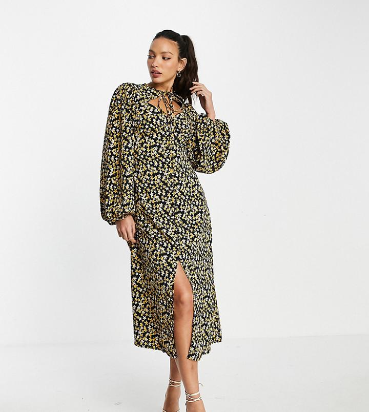 Asos Design Tall Midi Dress With Neck Tie In Dark Based Floral Print-multi
