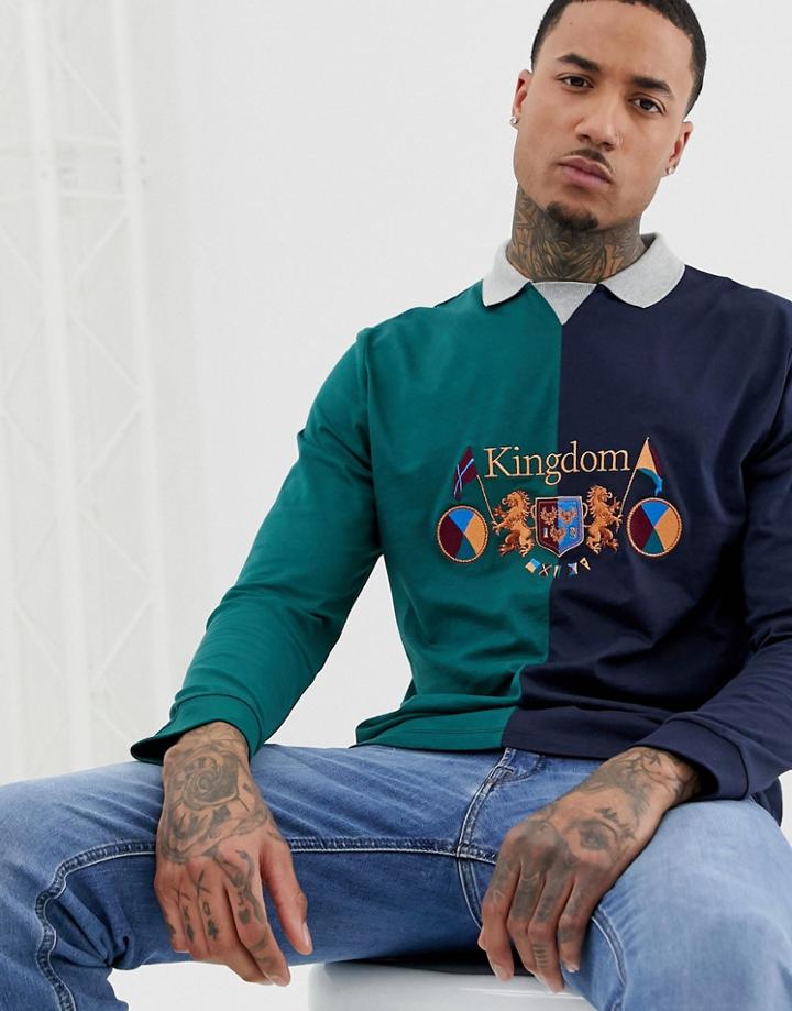 Asos Design Relaxed Long Sleeve Polo With Souvenir Print - Green