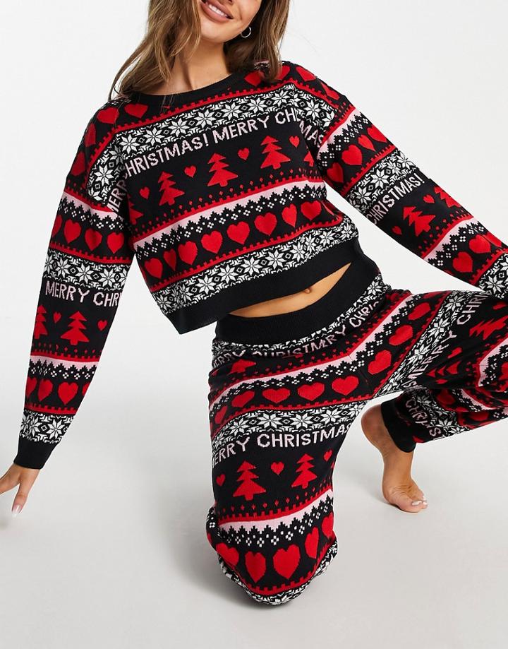 Brave Soul Knitted Fairisle Christmas Sweater And Sweatpants Set-black