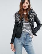 Brave Soul Betina Leather Look Jacket With Deep Faux Fur Collar - Black