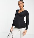 Asos Design Maternity Long Sleeve Wrap Top In Black