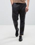 Asos Tapered Pants In Linen Mix With Leaf Print - Navy