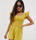 Asos Design Petite Shirred Romper With Frill Sleeve - Green