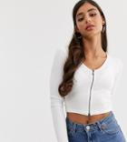 Asos Design Tall Top In Rib With Full Length Zip With Long Sleeve-black