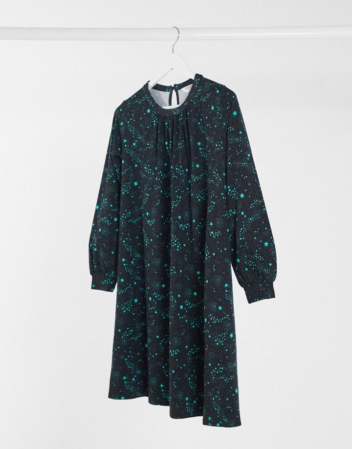 People Tree Organic Cotton Smock Dress In Star Print-black