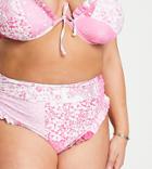 Reclaimed Vintage Inspired Plus High Waist Bikini Bottom With Frill In Pink Paisley Print - Bpink