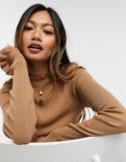 Asos Design Sweater With High Neck And Frill Detail In Camel-neutral