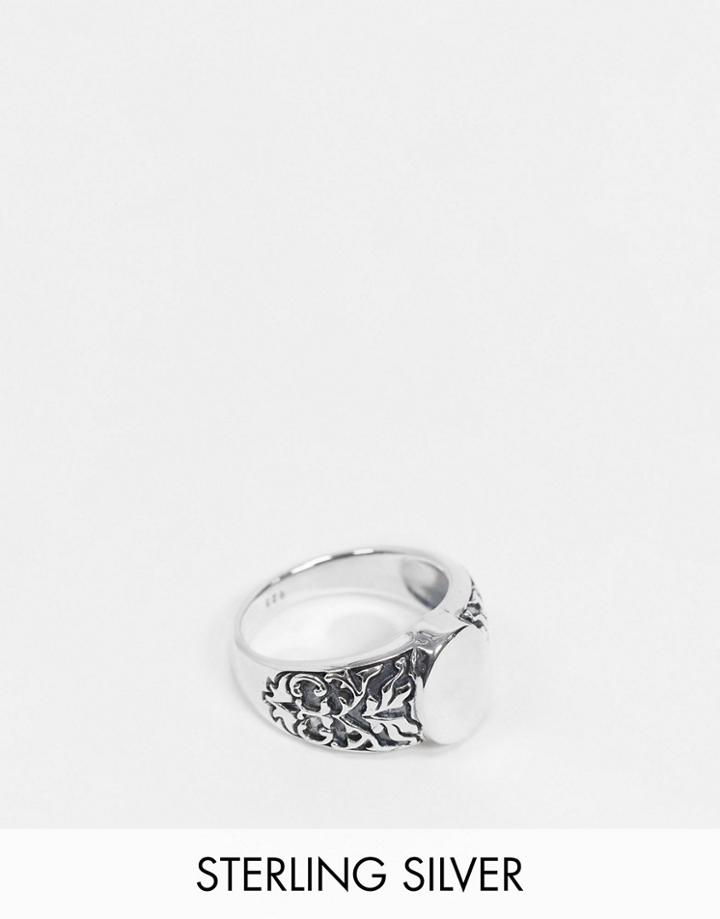 Asos Design Sterling Silver Signet Ring In Vintage Design With Textured Band
