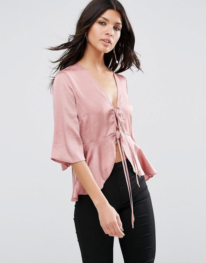 Asos Satin Drape Tie Front Blouse - Pink