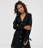 Asos Design Tall Button Through Skater Mini Dress With Tie Sleeves-black