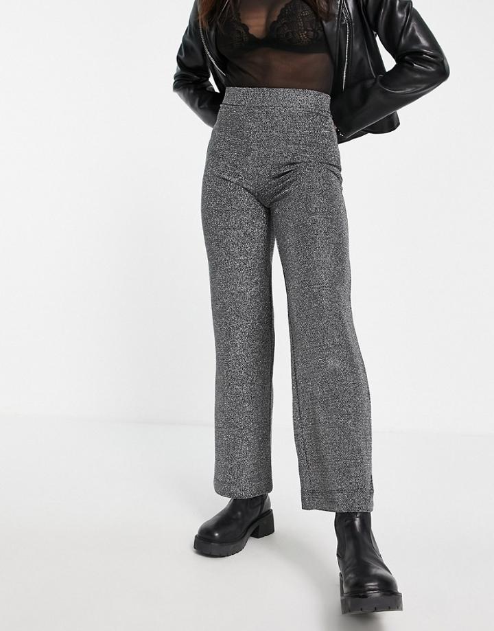 Monki Silver Glitter Jersey Wide Leg Pants In Black
